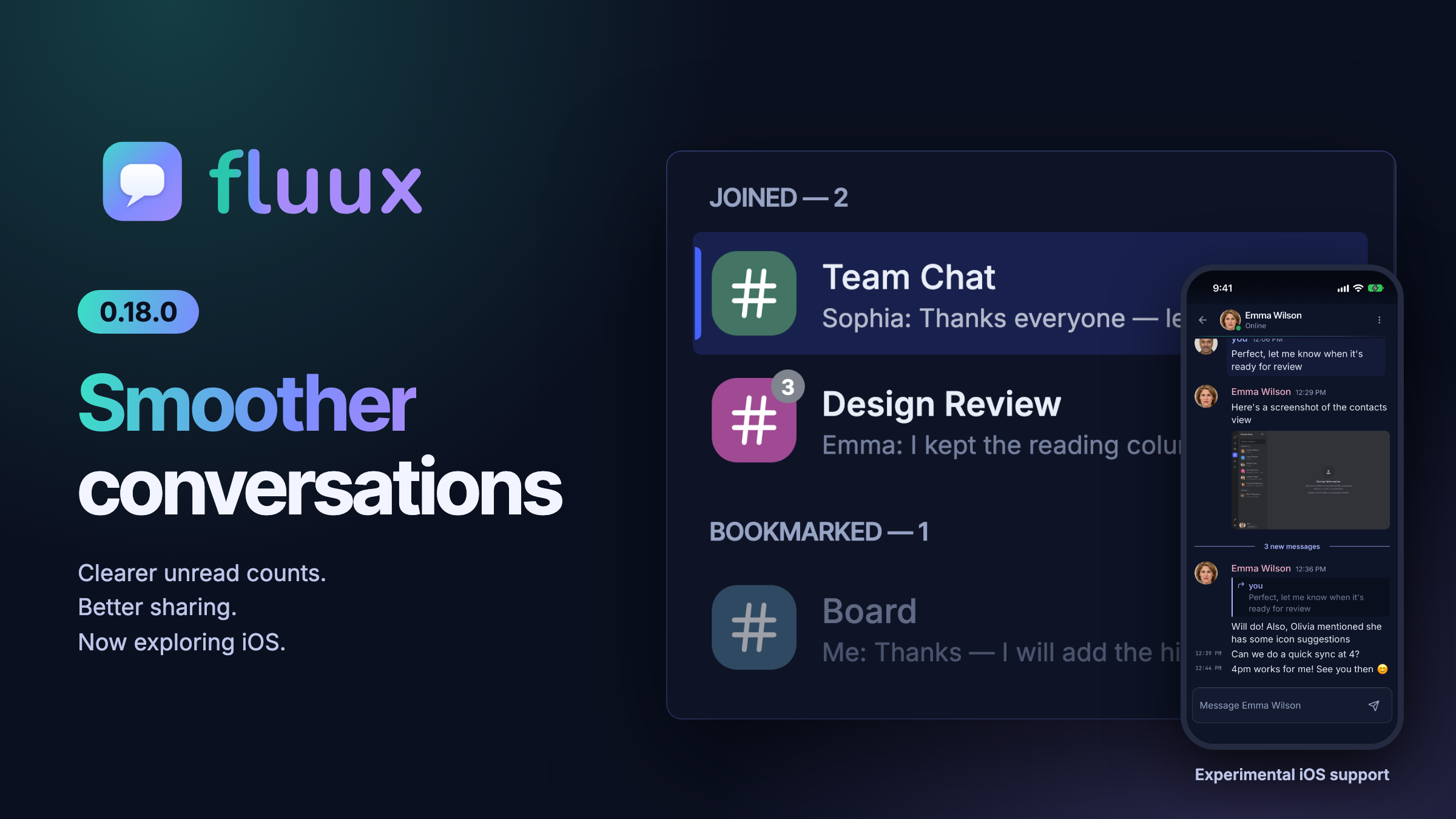Fluux Messenger 0.18.0: smoother history, clearer unread counts, and better sharing