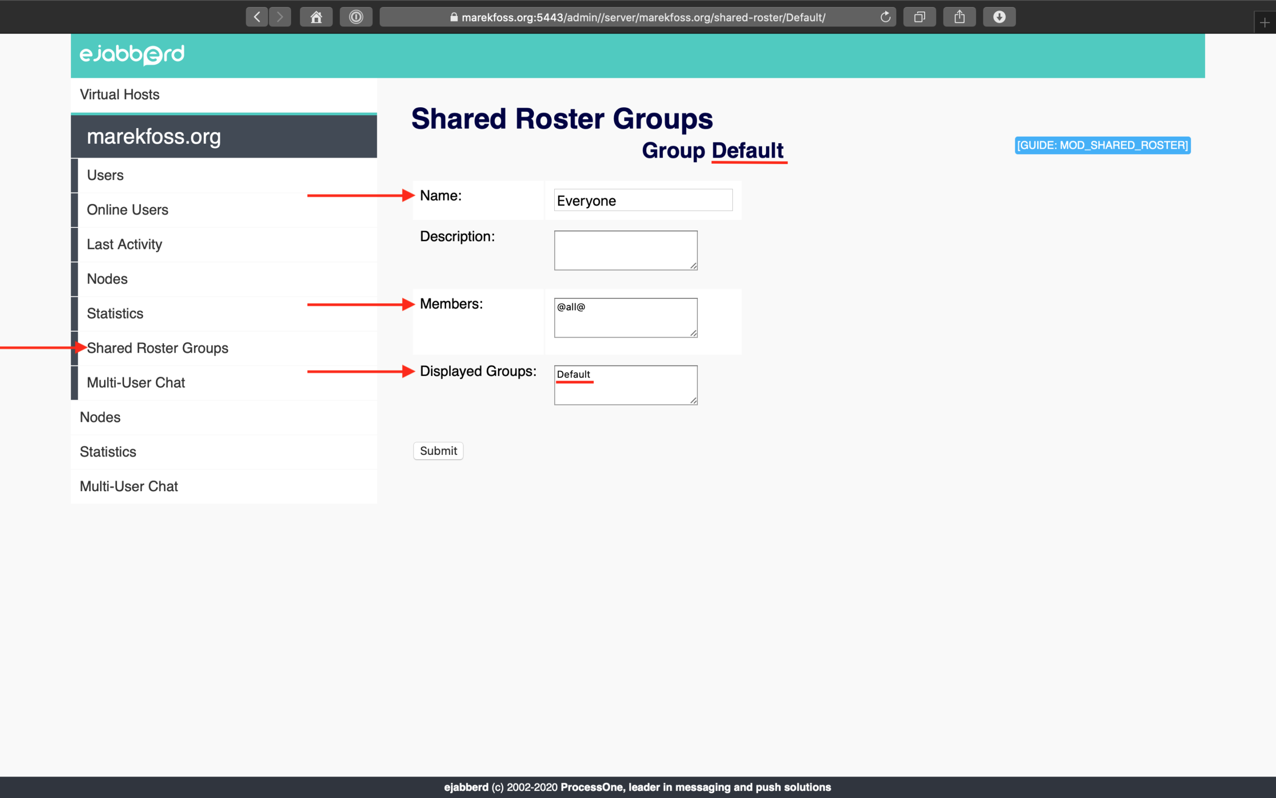 Creating shared contact lists in ejabberd real time IM server